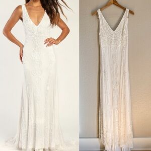Passionate Romance White Beaded Sequin Mermaid Maxi Dress